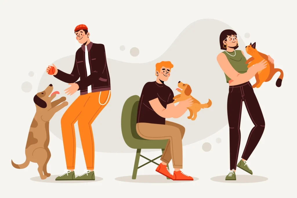 2d sketch of diffrent people playing with diffrent pets such as dogs and cats